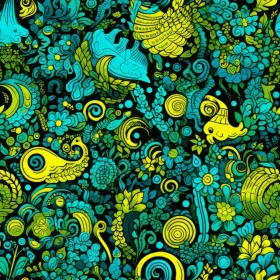 Hand-Drawn Floral Pattern in Green, Blue, and Yellow