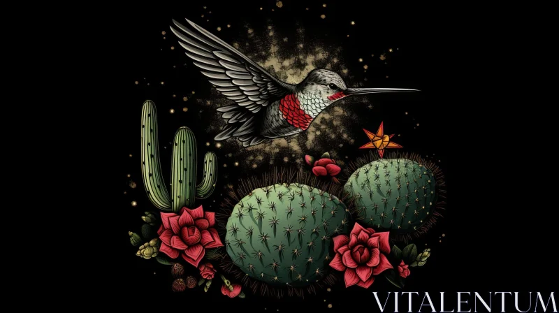 Hummingbird and Cactus Digital Illustration AI Image
