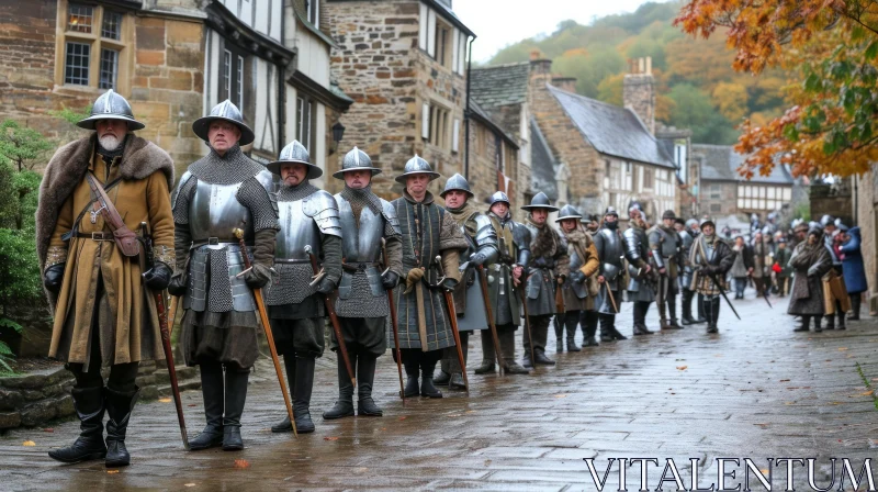Imposing Medieval Men Marching in a Historic Town AI Image
