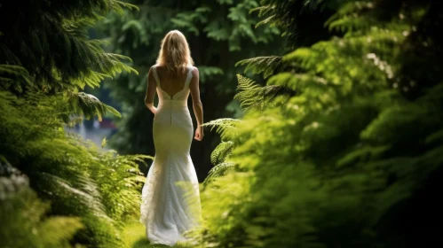 Majestic Bride in White Dress Walking in Green Forest
