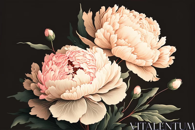 Pastel Peonies on Black Background: Detailed Character Illustrations AI Image