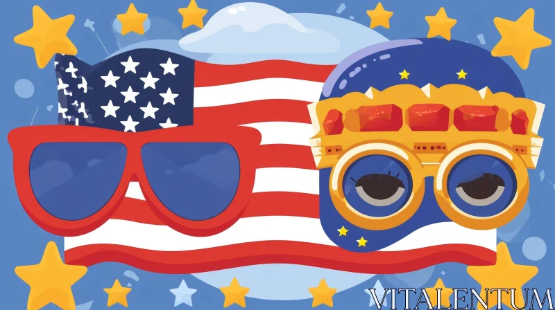 Playful Cartoon-style Illustration of American Flag and European Union Flag Sunglasses AI Image