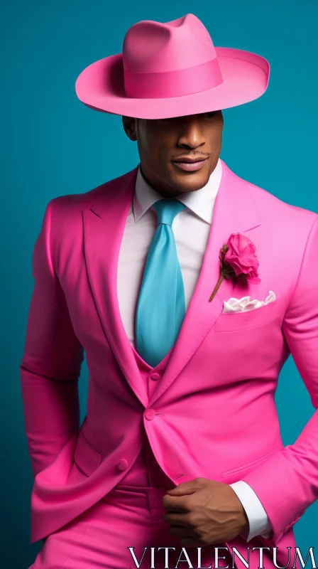 Stylish Man in Pink Suit against Blue Background AI Image