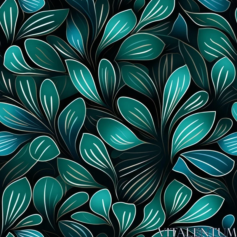 AI ART Teal and Blue Leaves Seamless Pattern - Modern Design