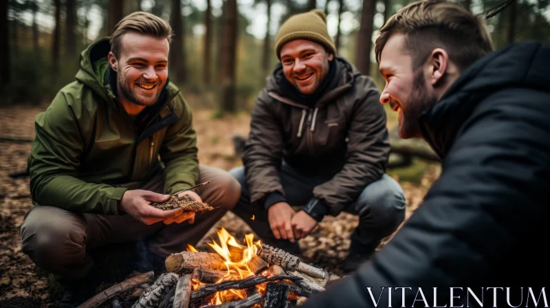 AI ART Tranquil Nature Scene: Men Camping in Woods