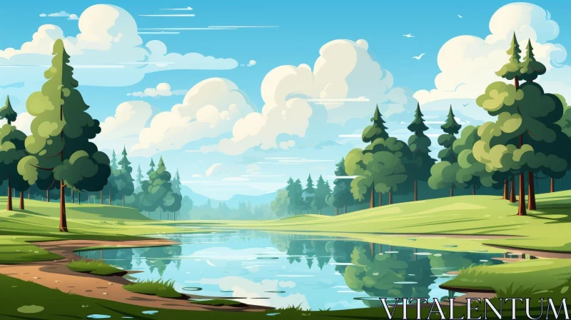 AI ART Tranquil Nature Scene with Lake, Trees, and Mountains