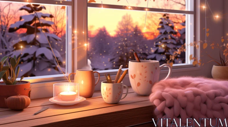 AI ART Winter Cozy Windowsill Scene with Snow-Covered Trees