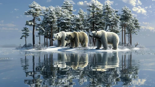 Winter Wildlife Scene: Polar Bears on Ice Floe in Frozen Lake