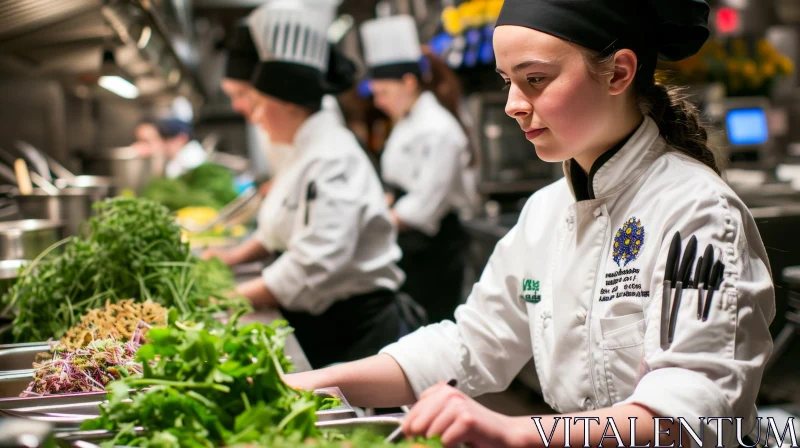 Young Female Chef Preparing Greens in a Restaurant Kitchen AI Image