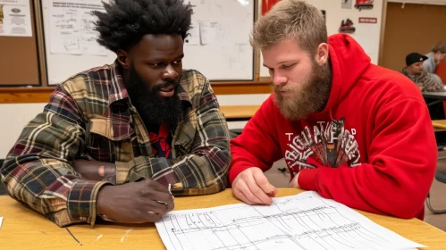 Architectural Collaboration: Two Men Studying Blueprint Intently