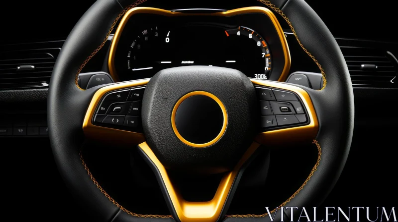 Black Leather Steering Wheel with Yellow Stitching AI Image