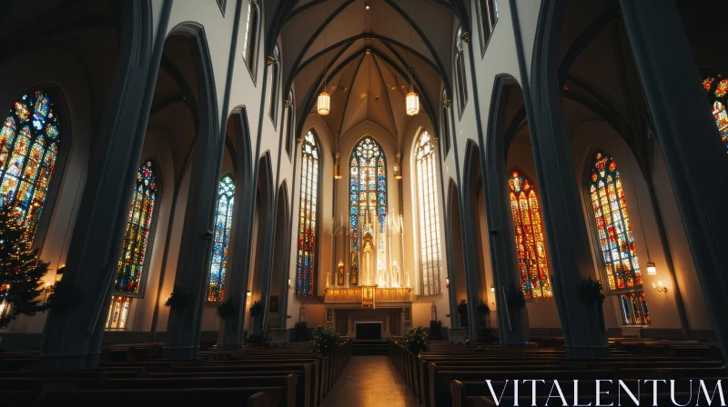 Captivating Gothic Revival Church Interior with Stained Glass Windows AI Image