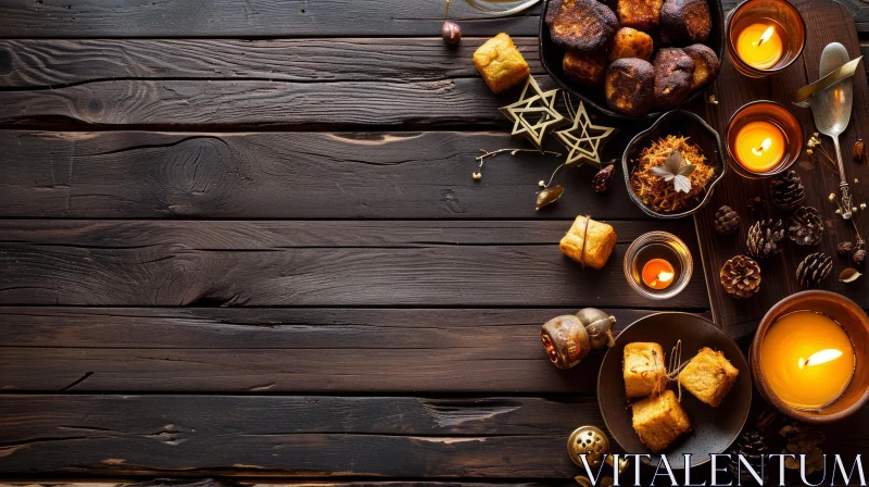 Delicious Food and Decorations on a Wooden Table AI Image