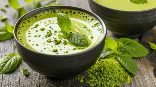 Delicious Matcha Tea: Vibrant Green Color with Foam and Mint Leaves
