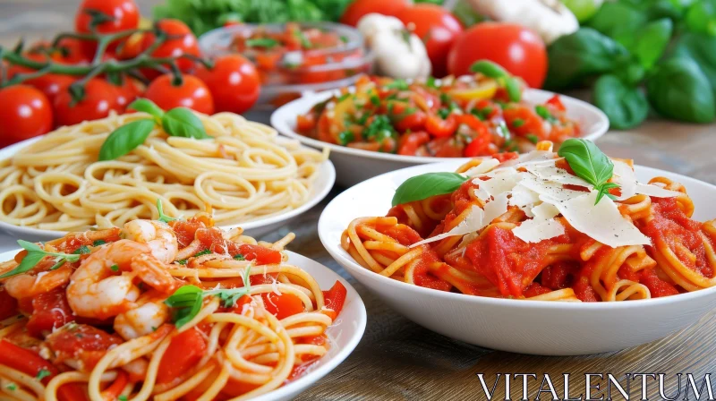 Exquisite Pasta Delights: Shrimp, Basil, Vegetable, and Cheese Varieties AI Image