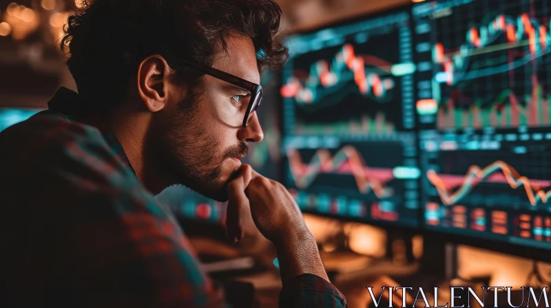 Focused Stock Trader Analyzing Data on Computer Monitors AI Image