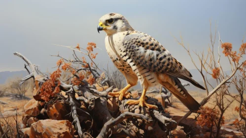 Majestic Falcon Painting on Branch in Desert Landscape