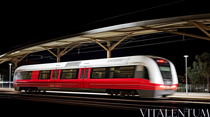 Night Arrival: Red & White Light Rail Train at Station AI Image