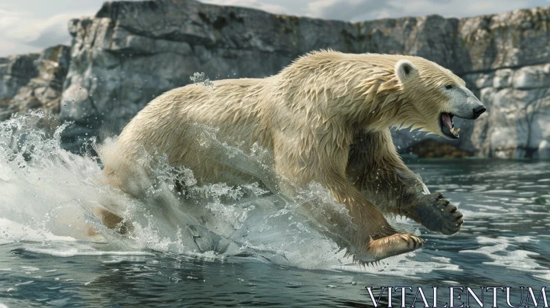 Polar Bear Running Through Water - Wildlife Photography AI Image
