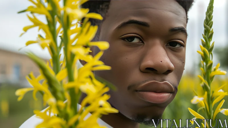 Portrait of a Young African-American Man in a Field of Yellow Flowers AI Image