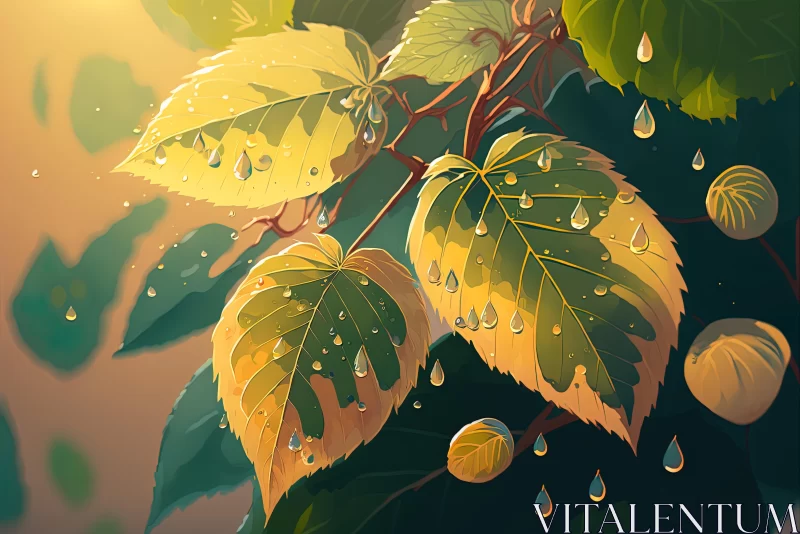 Rain Drops on Tree Leaves: A Playful and Detailed Cartoon Composition AI Image