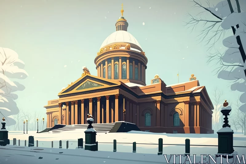 Snow-Covered Downtown Cathedral: Cartoonish Winter Scene AI Image