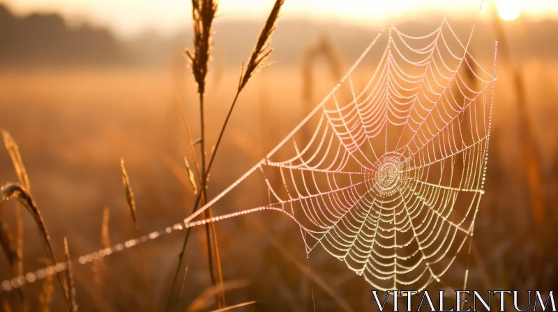 Sunrise Spider Web in Wheat Field AI Image