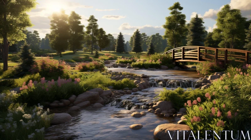 AI ART Tranquil Park Landscape with River and Sun