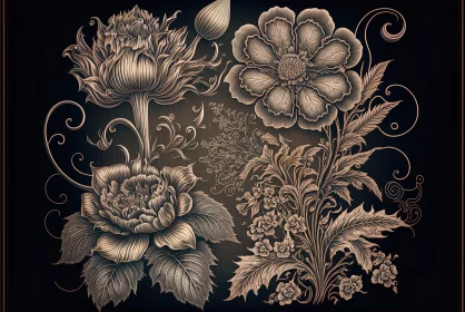 Vintage Floral Elements on Black | Textured Shading | Detailed Realism