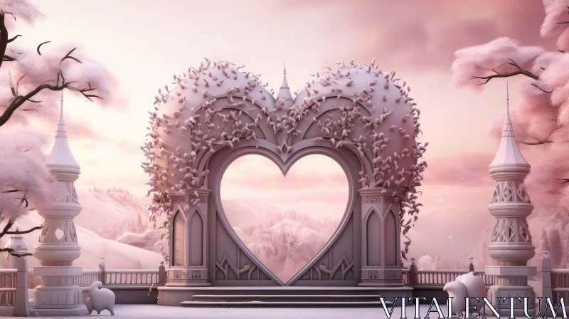 Winter Landscape with Heart-shaped Archway - Romantic Snow Scene AI Image
