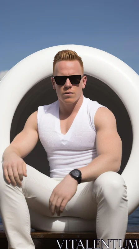 Young Male Model in Futuristic White Chair Against Clear Blue Sky AI Image
