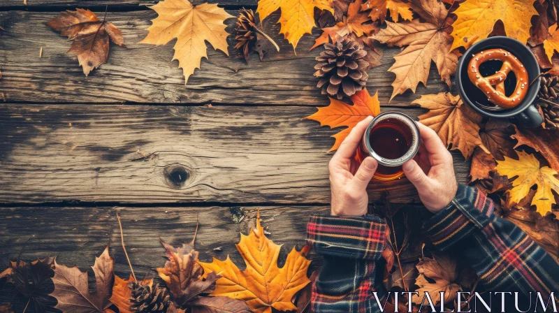Autumnal Serenity: Person Enjoying Tea at a Wooden Table AI Image