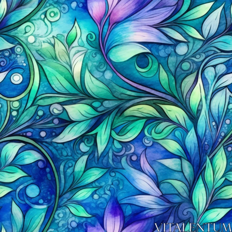 Blue and Green Floral Watercolor Pattern AI Image
