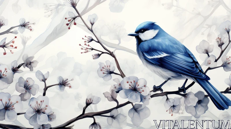 Blue Bird on Cherry Tree Watercolor Painting AI Image