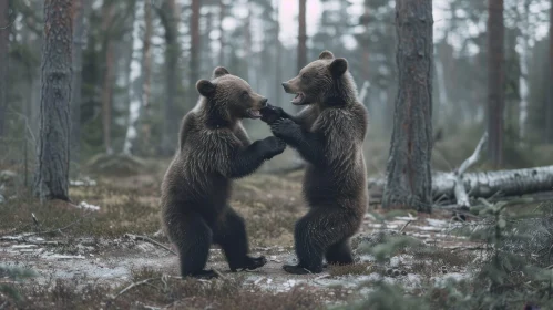 Brown Bear Cubs Play-Fighting in Forest