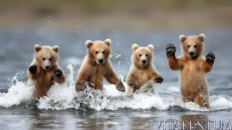 Brown Bear Cubs Playing in Water - Wildlife Fun AI Image