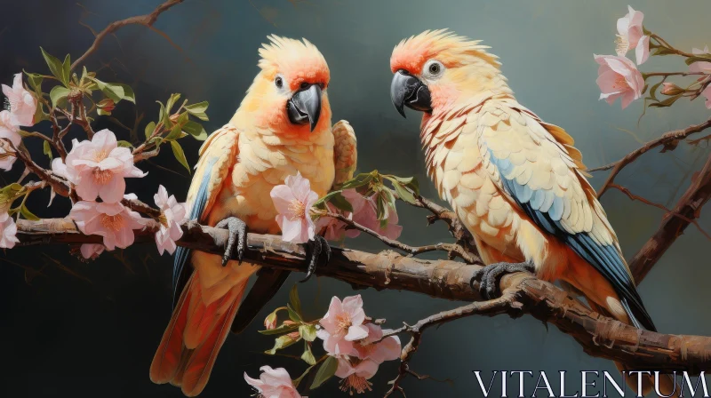 AI ART Colorful Parrots Painting on Branch with Flowers