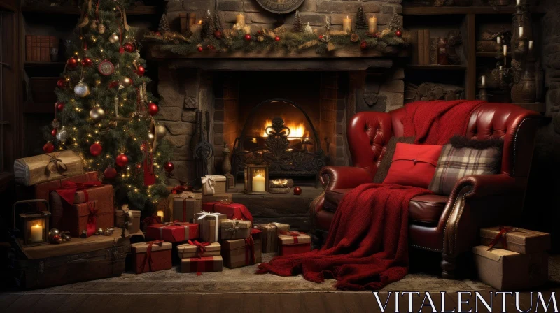 Cozy Christmas Living Room with Fireplace AI Image