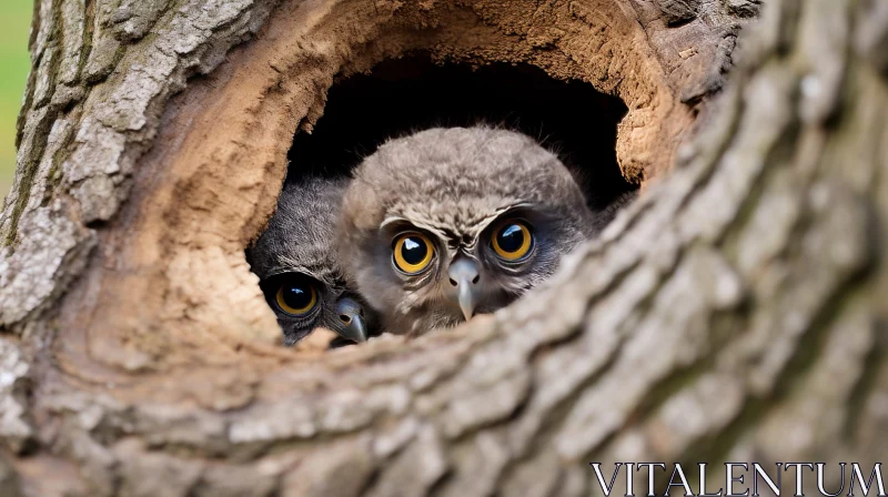 Curious Baby Owls in Tree Hole AI Image