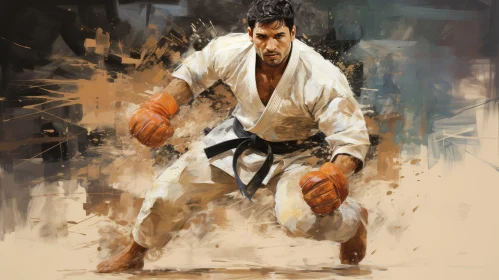 Dynamic Young Man in Karate Gi and Boxing Gloves - Digital Painting