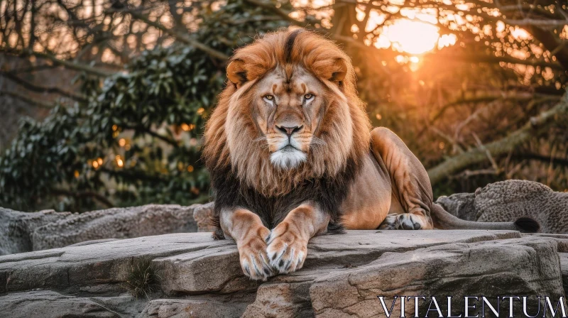 Majestic Lion at Sunset on Rock AI Image