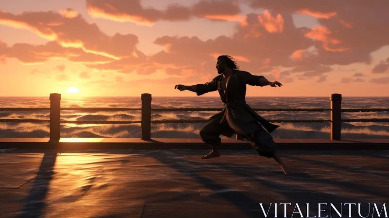AI ART Man Practicing Kung Fu at Sunset - Martial Arts Action Scene