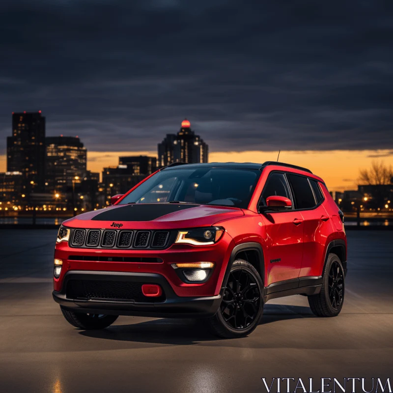 Red Jeep Compass Parked in City at Night | Dark Bronze and Black AI Image