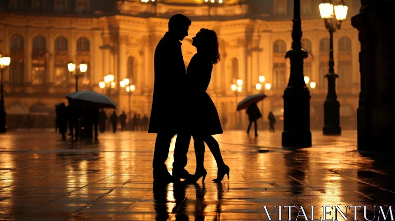 Romantic Silhouette in Rainy Street AI Image