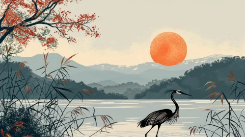 Black Heron in Lake at Sunset - Digital Painting