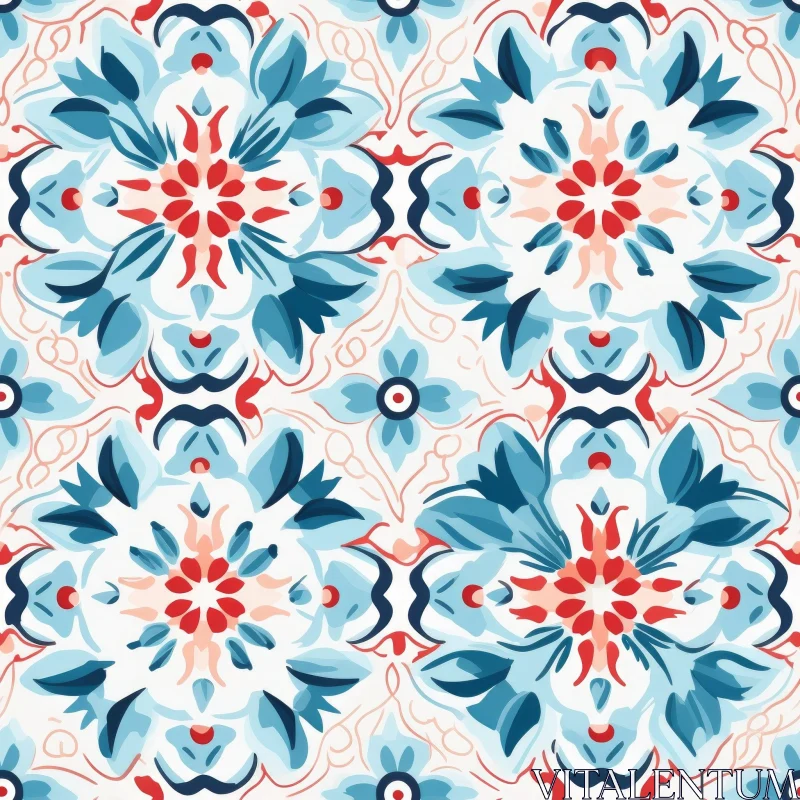 Blue and White Watercolor Floral Tiles Pattern AI Image