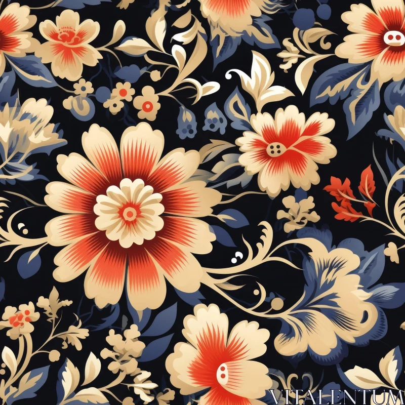 AI ART Dark Blue Floral Pattern - Russian Folk Art Inspired