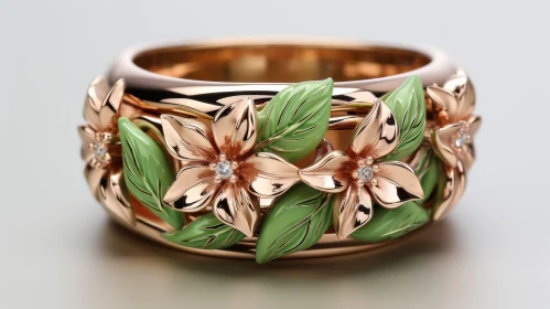 Exquisite Gold Ring with Enamel Leaves and Pink Flowers