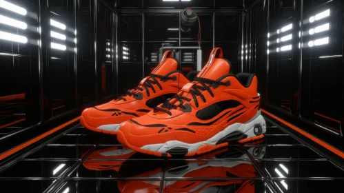 Orange Sneakers in Reflective Black Room - 3D Rendering