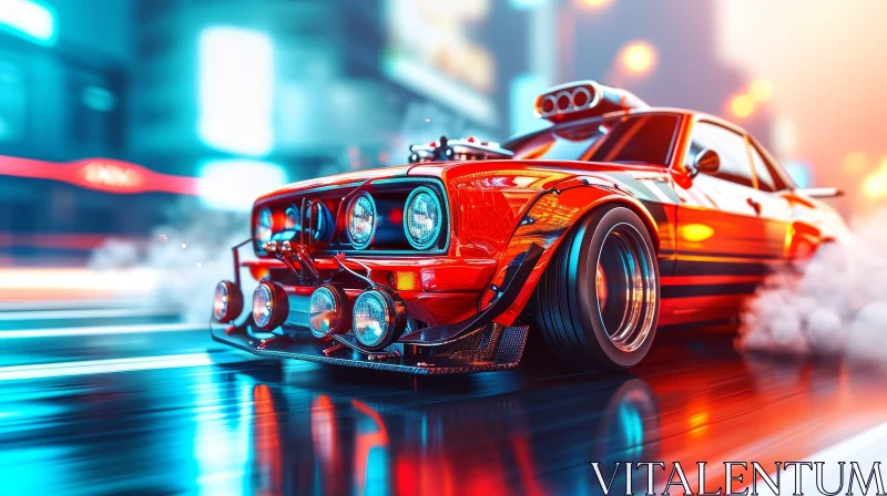 Red Retro Car Racing Through Wet City Streets at Night AI Image